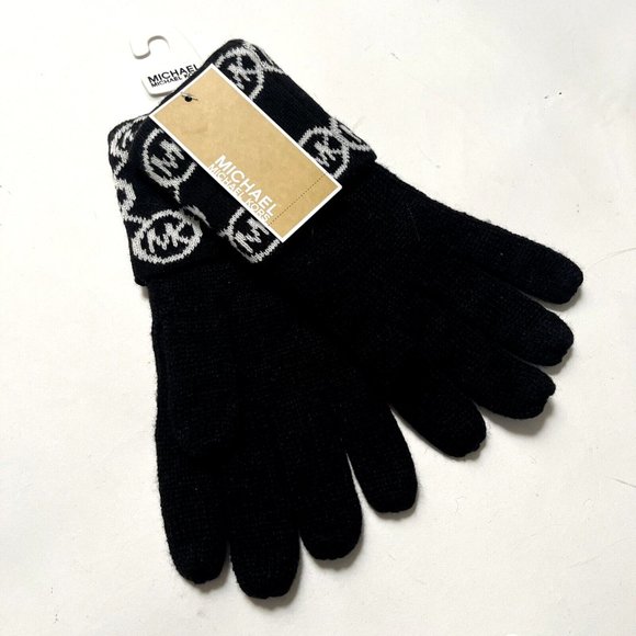 NWT Bundle 2PC MICHAEL KORS Gloves Black White Brown Signature Logo Acrylic - Picture 3 of 6